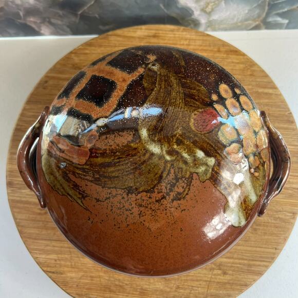 Art Studio Pottery Casserole With Handles & Lid 8" Stoneware Brown Glazed 80s - Picture 3 of 13